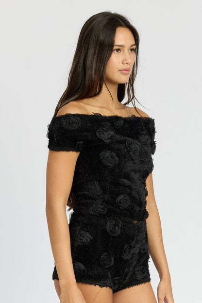 OFF SHOULDER TOP WTH ROSETTE DETAIL by Emory Park | Fleurcouture