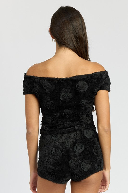 OFF SHOULDER TOP WTH ROSETTE DETAIL by Emory Park | Fleurcouture