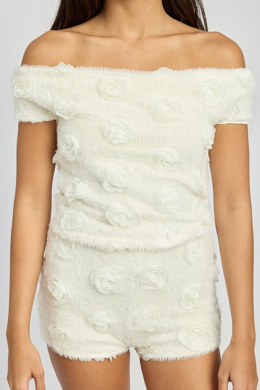 OFF SHOULDER TOP WTH ROSETTE DETAIL by Emory Park | Fleurcouture