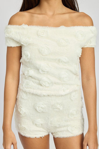 OFF SHOULDER TOP WTH ROSETTE DETAIL by Emory Park | Fleurcouture