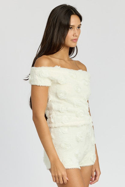 OFF SHOULDER TOP WTH ROSETTE DETAIL by Emory Park | Fleurcouture