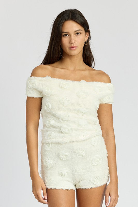 OFF SHOULDER TOP WTH ROSETTE DETAIL IVORY S by Emory Park | Fleurcouture
