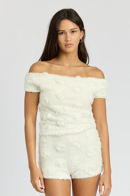 OFF SHOULDER TOP WTH ROSETTE DETAIL IVORY S by Emory Park | Fleurcouture
