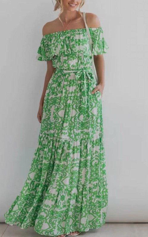 Off the Shoulder Dress Green S by Miss Sparkling | Fleurcouture