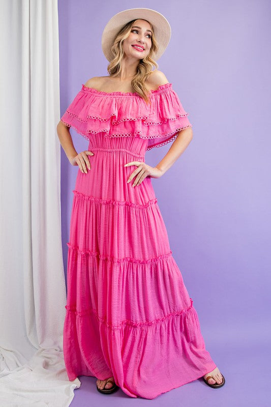 Off the Shoulder Ruffle Maxi Dress BUBBLE GUM S by eesome | Fleurcouture