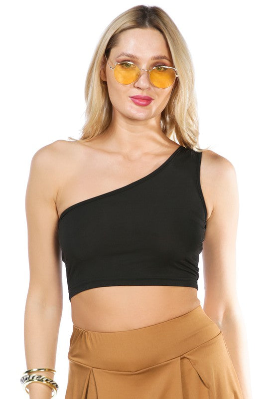 One Shoulder Knitted Crop Top Black XL by Rag Company | Fleurcouture