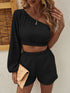 One Shoulder Long Sleeve Top and Shorts Set Black S Women&