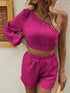 One Shoulder Long Sleeve Top and Shorts Set Deep Rose S Women&