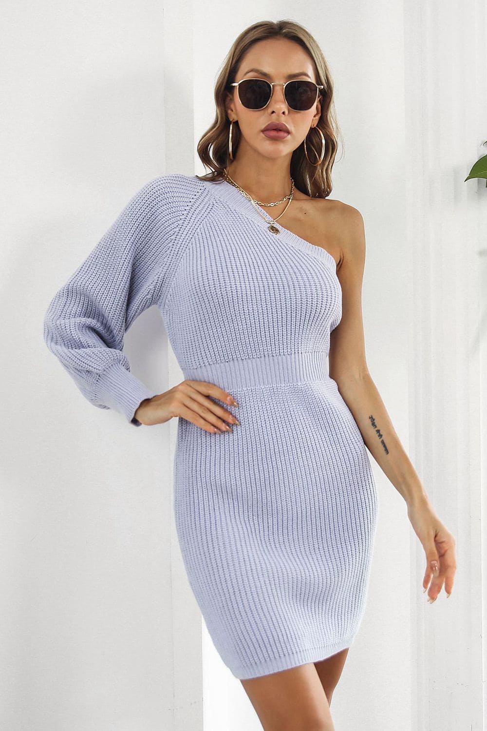 One Shoulder Raglan Sleeve Pencil Sweater Dress Lavender S by Trendsi | Fleurcouture