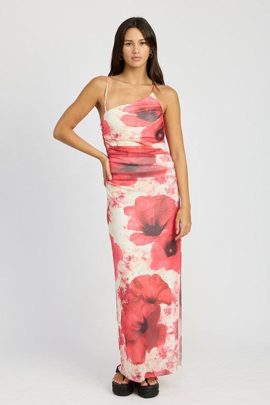 ONE SHOULDER RUCHED MAXI DRESS PINK FLORAL S by Emory Park | Fleurcouture