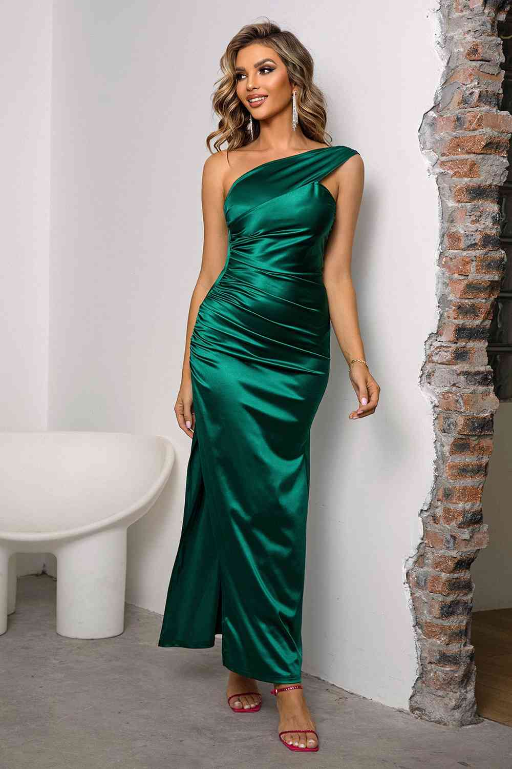 One-Shoulder Ruched Slit Maxi Dress Green XS by Trendsi | Fleurcouture