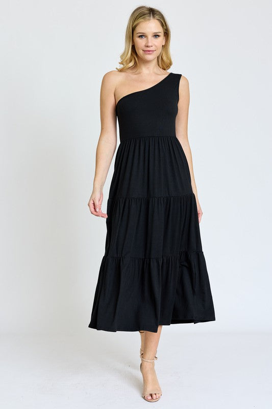 One Shoulder Ruffle Midi Dress Black 1X by EG fashion | Fleurcouture