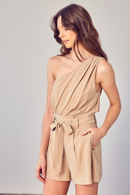 One Shoulder Self Tie Romper GOLDEN BEIGE S by Do + Be Collection | Fleurcouture