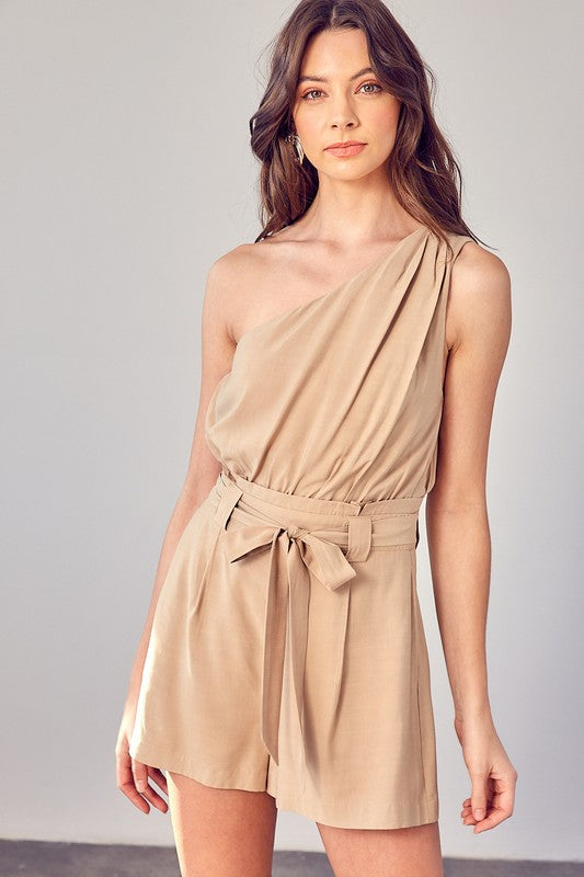 One Shoulder Self Tie Romper GOLDEN BEIGE S by Do + Be Collection | Fleurcouture