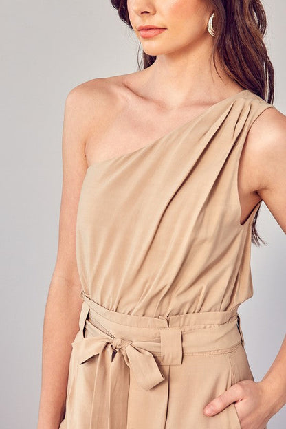 One Shoulder Self Tie Romper GOLDEN BEIGE S by Do + Be Collection | Fleurcouture