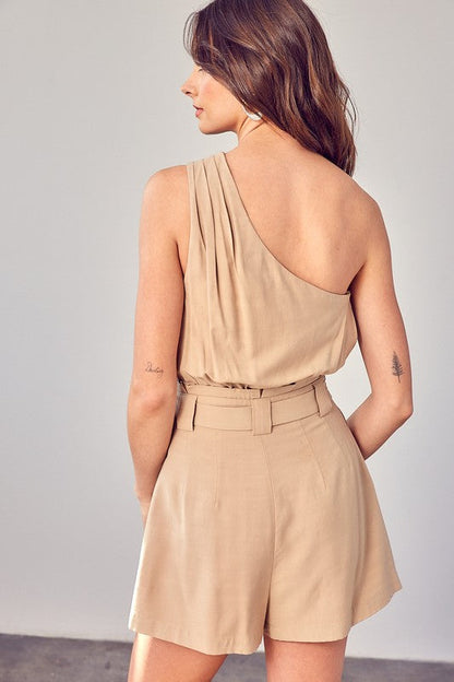 One Shoulder Self Tie Romper GOLDEN BEIGE S by Do + Be Collection | Fleurcouture