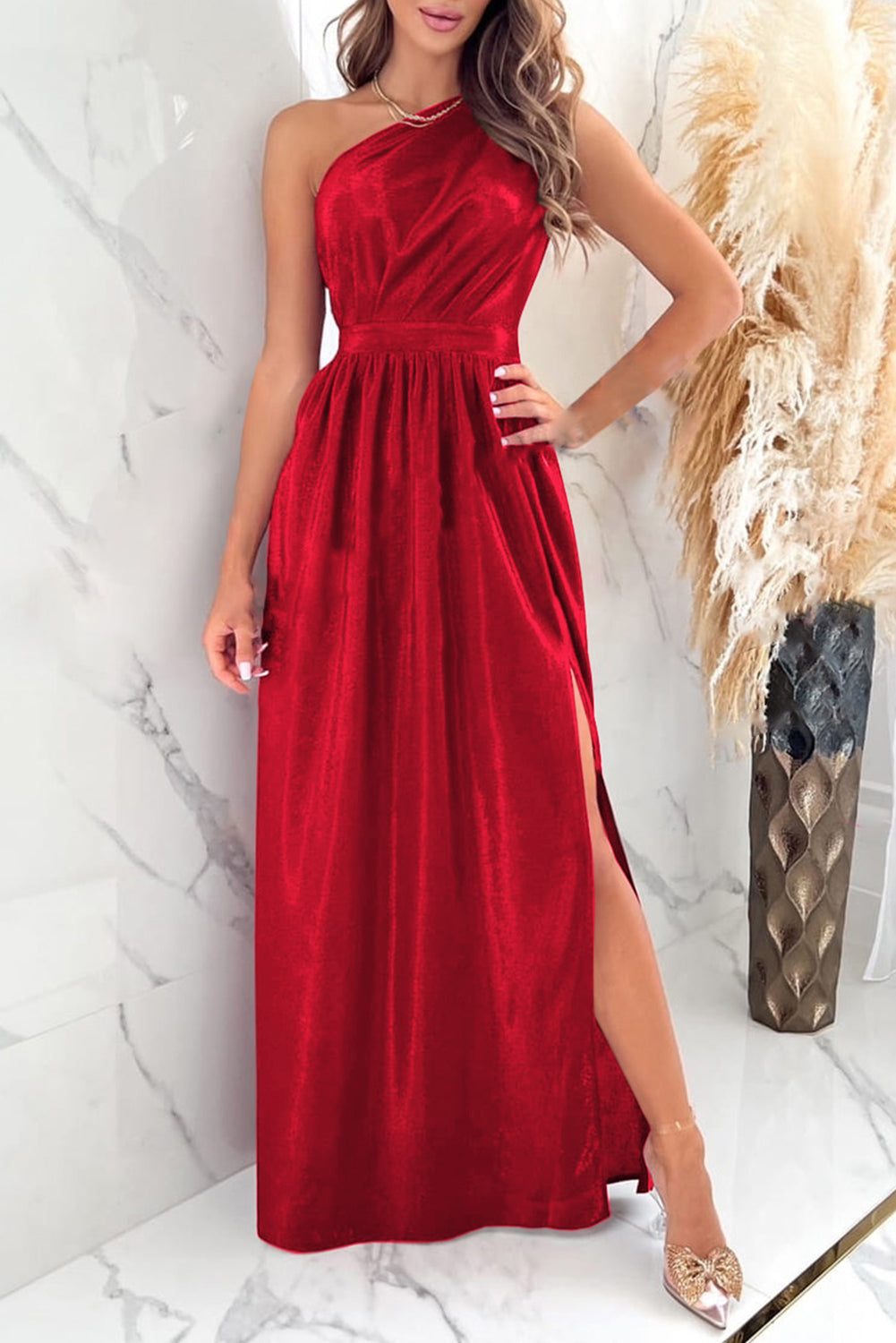 One Shoulder Slit Ruched Maxi Dress Red S Women&