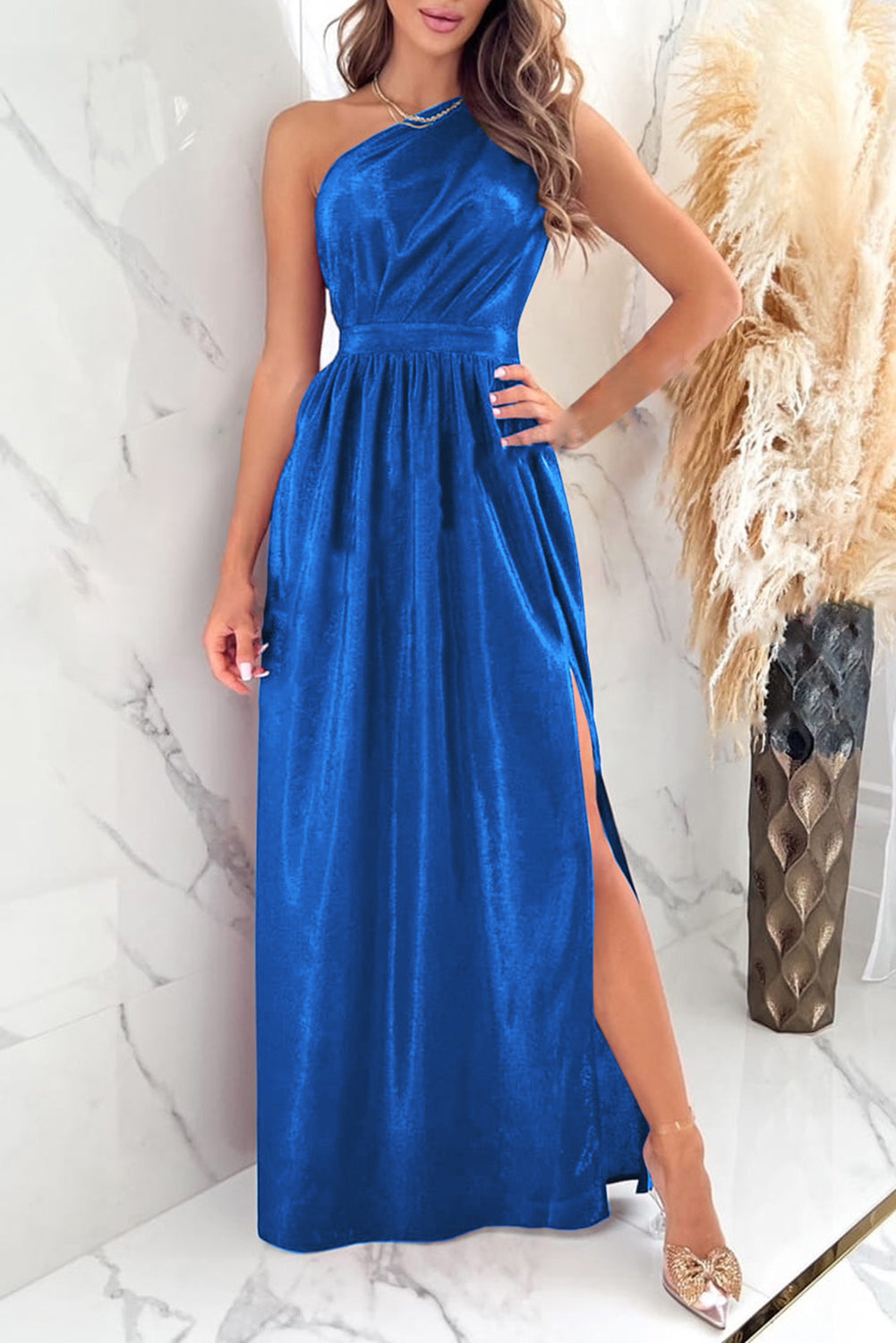 One Shoulder Slit Ruched Maxi Dress Royal Blue S Women&