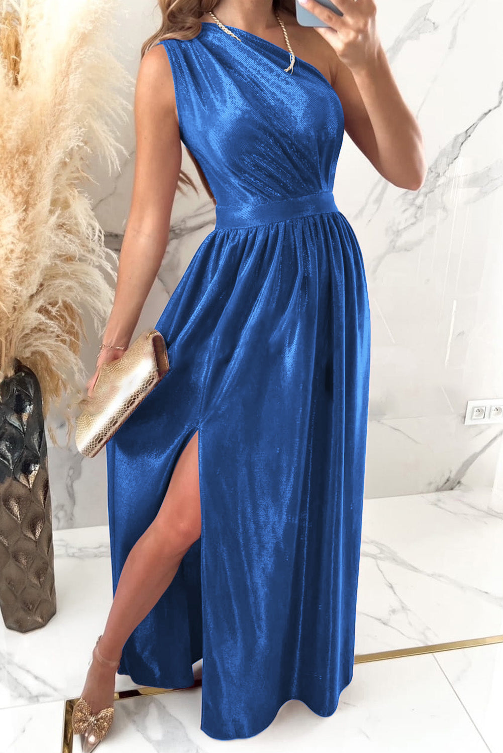 One Shoulder Slit Ruched Maxi Dress Women&