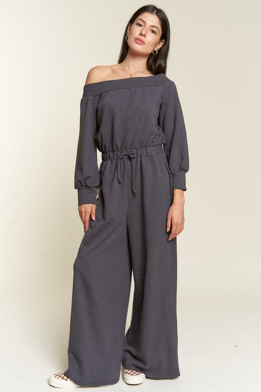 ONE SHOULDER TERRY JUMPSUIT dark gray 1X by Jade By Jane | Fleurcouture