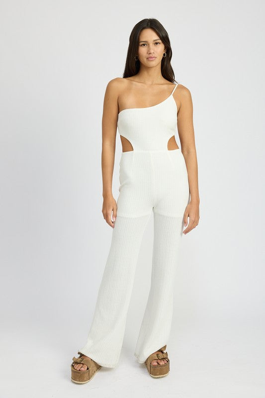 ONE SHOULDER WAFFLE KNIT JUMPSUIT WHITE S by Emory Park | Fleurcouture