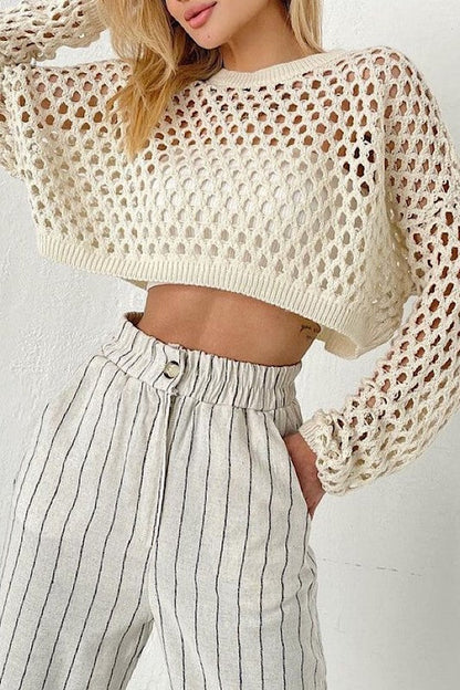 Open knit cropped top Cream S by Miss Sparkling | Fleurcouture