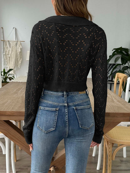 Openwork Collared Neck Long Sleeve Knit Top Women&