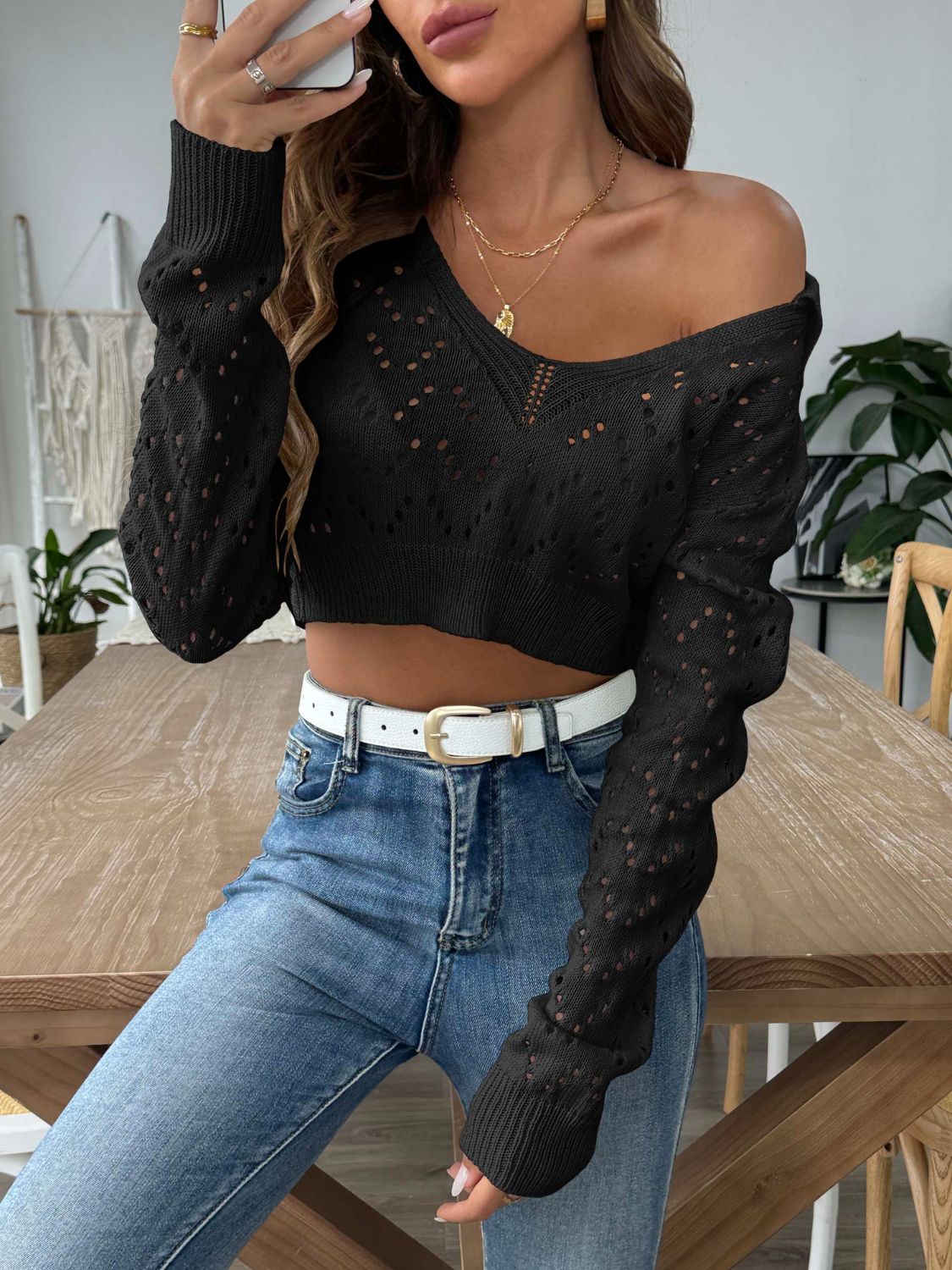 Openwork Collared Neck Long Sleeve Knit Top Women&