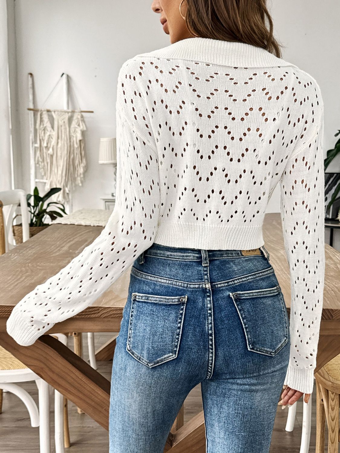 Openwork Collared Neck Long Sleeve Knit Top Women&