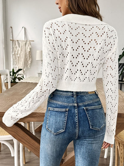 Openwork Collared Neck Long Sleeve Knit Top Women&