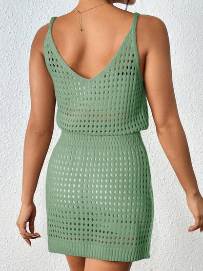 Openwork V-Neck Sleeveless Cover Up Dress Gum Leaf S Women&