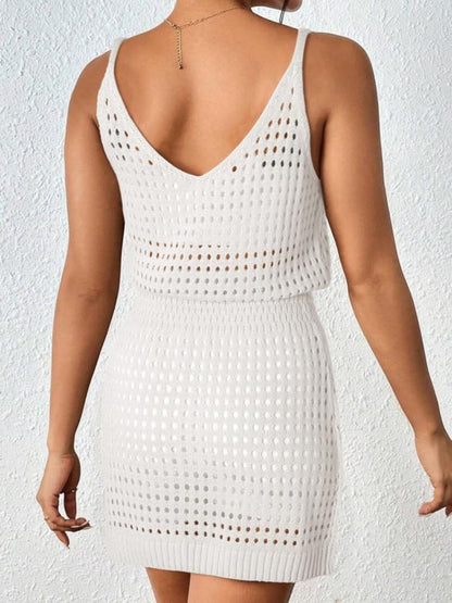 Openwork V-Neck Sleeveless Cover Up Dress White S Women&