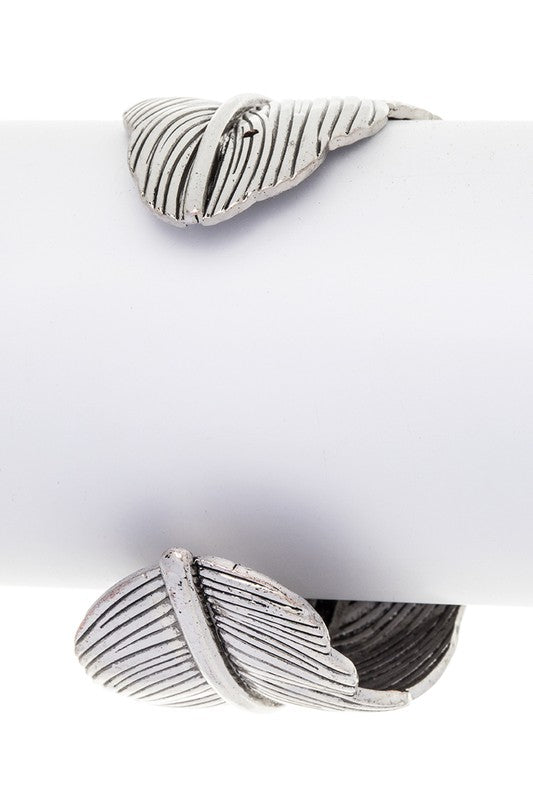 Oval Stone Leaf Engraved Open Cuff O/S by LA Jewelry Plaza | Fleurcouture