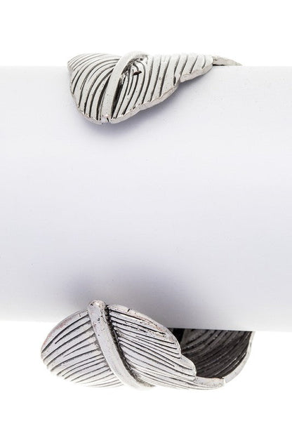 Oval Stone Leaf Engraved Open Cuff O/S by LA Jewelry Plaza | Fleurcouture