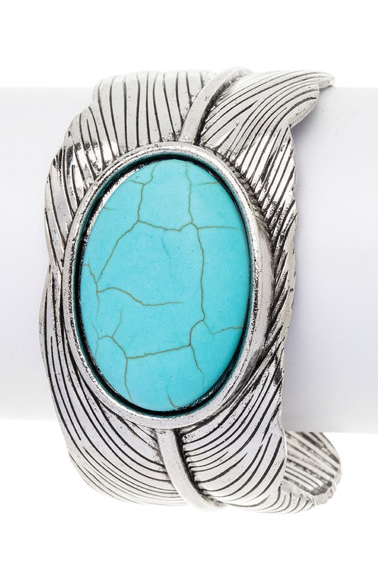 Oval Stone Leaf Engraved Open Cuff Turquoise O/S by LA Jewelry Plaza | Fleurcouture
