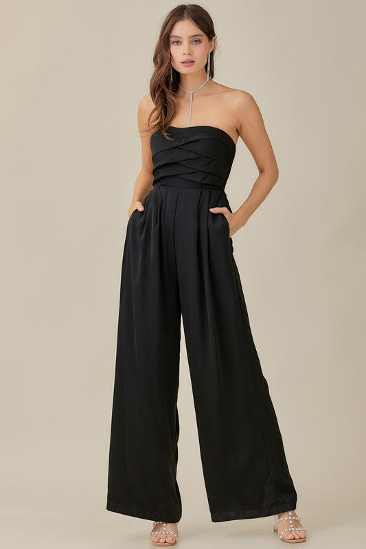 Overlapping Top Detailed Jumpsuit BLACK S by Mustard Seed | Fleurcouture