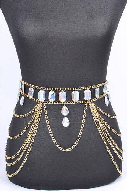 Oversize Acrylic Stone Layered Chain Belt Gold O/S by Artini Accessories | Fleurcouture