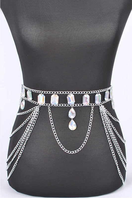 Oversize Acrylic Stone Layered Chain Belt Silver O/S by Artini Accessories | Fleurcouture