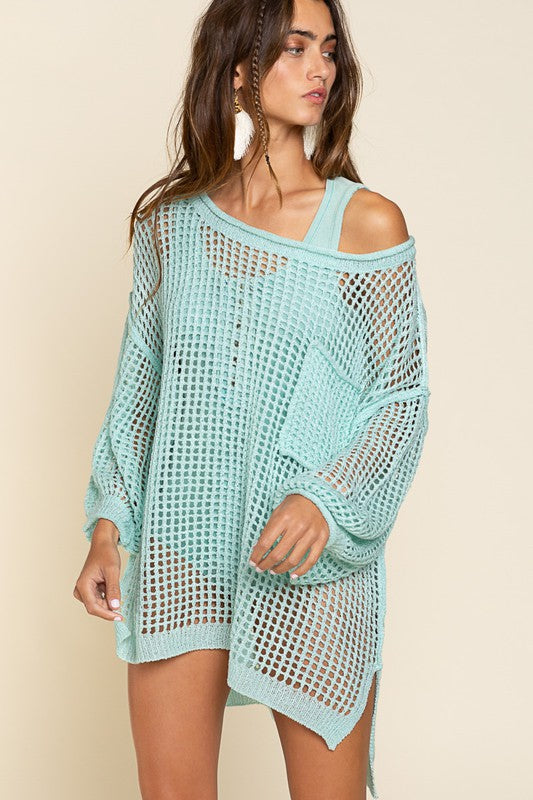 Oversized Fit See-through Pullover Sweater PARADISE GREEN S by POL | Fleurcouture