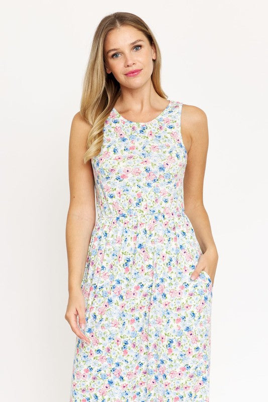 Pastel Floral Sleeveless Maxi Dress Ivory Blue Pink by EG fashion | Fleurcouture