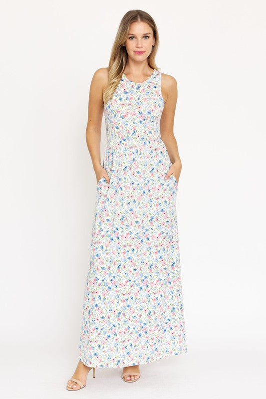 Pastel Floral Sleeveless Maxi Dress Ivory Blue Pink S by EG fashion | Fleurcouture