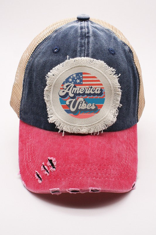 Patriotic America Vibes Distressed Patch Hat Distressed Navy Red OS by Cali Boutique | Fleurcouture