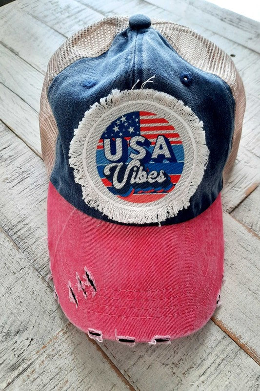 Patriotic USA Vibes Distressed Patch Hat Distressed Navy Red OS by Cali Boutique | Fleurcouture