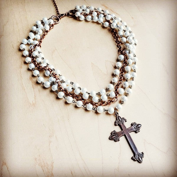 Pearl and Copper Collar Necklace with Copper Cross white 1 by The Jewelry Junkie | Fleurcouture