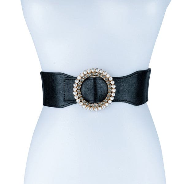 PEARL AND RHINESTONE ROUND BUCKLE BELT BKBK/BLACK Os by Bella Chic | Fleurcouture