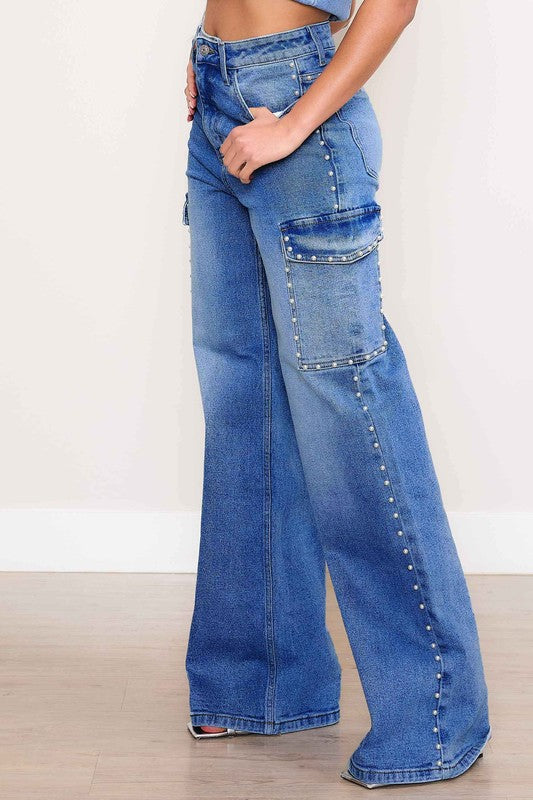 Pearl High-Rise Wide Leg Cargo Jeans Medium Stone 1 by Vibrant M.i.U | Fleurcouture