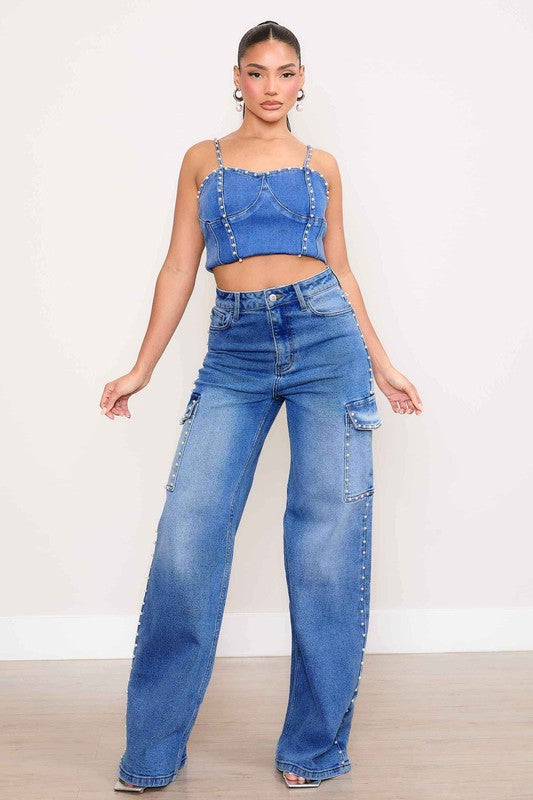 Pearl High-Rise Wide Leg Cargo Jeans Medium Stone by Vibrant M.i.U | Fleurcouture