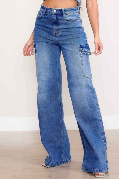 Pearl High-Rise Wide Leg Cargo Jeans Medium Stone by Vibrant M.i.U | Fleurcouture