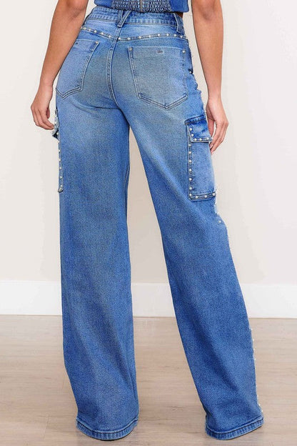 Pearl High-Rise Wide Leg Cargo Jeans Medium Stone by Vibrant M.i.U | Fleurcouture