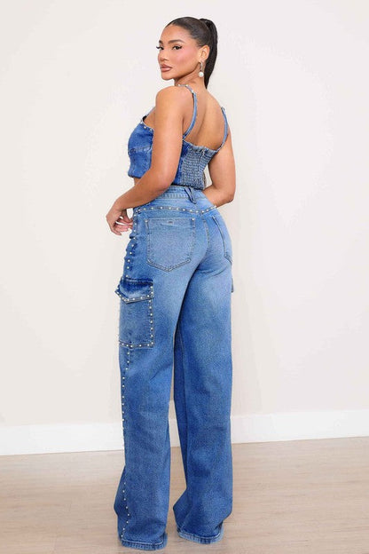 Pearl High-Rise Wide Leg Cargo Jeans Medium Stone by Vibrant M.i.U | Fleurcouture